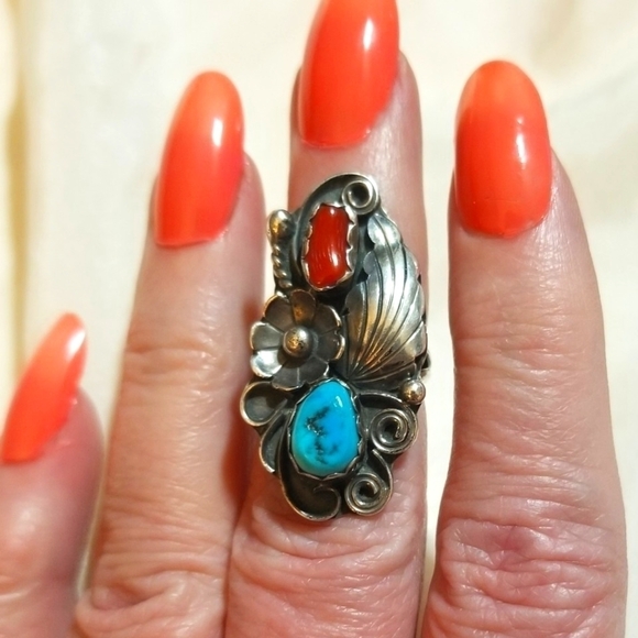 Vintage Jewelry - Navajo SIGNED JR RALPH JOHNSON Coral Turquoise Sterling Ring